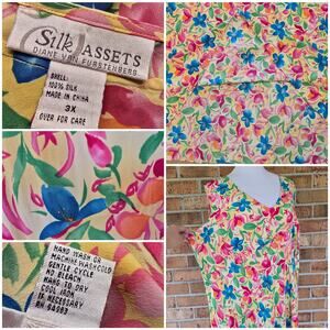 DVF Plus Size 3X Dress Yellow Floral Silk Assets Diane von Furstenberg Vintage
